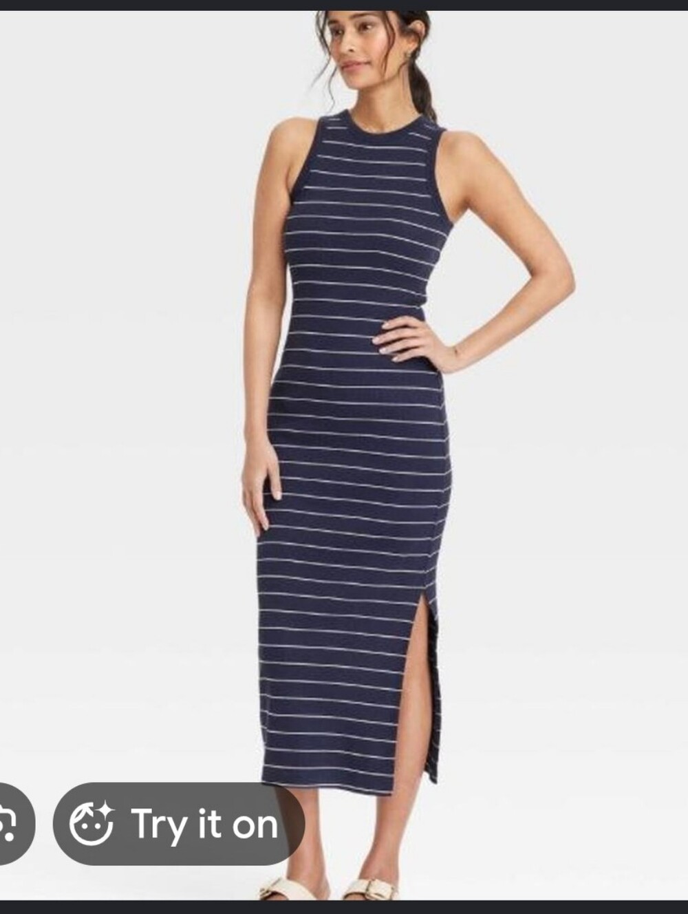 This is a navy and white striped rib-knit maxi bodycon dress by Universal Thread - Picture 3 of 3